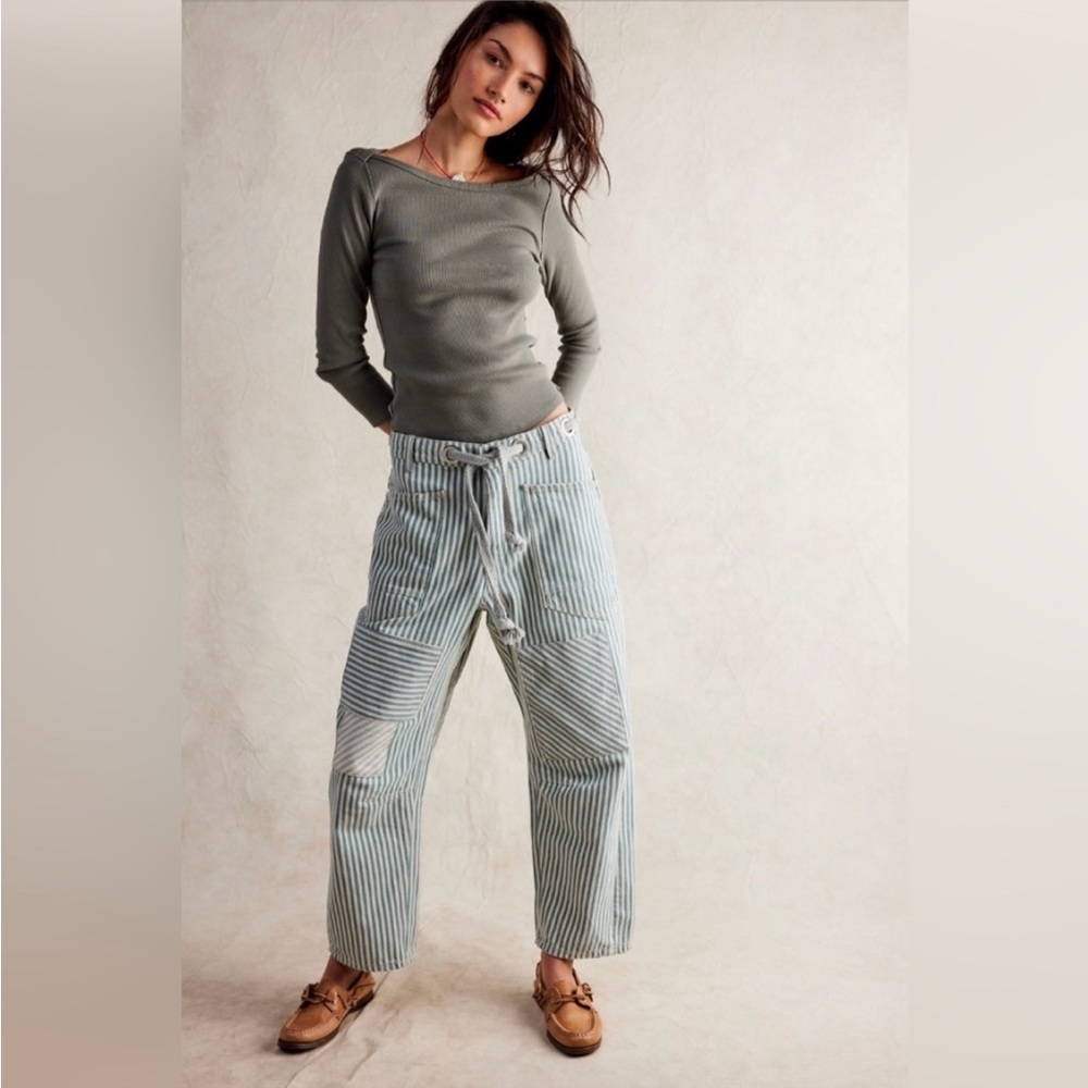 Free People Striped Wide Leg Jeans - Blue and White